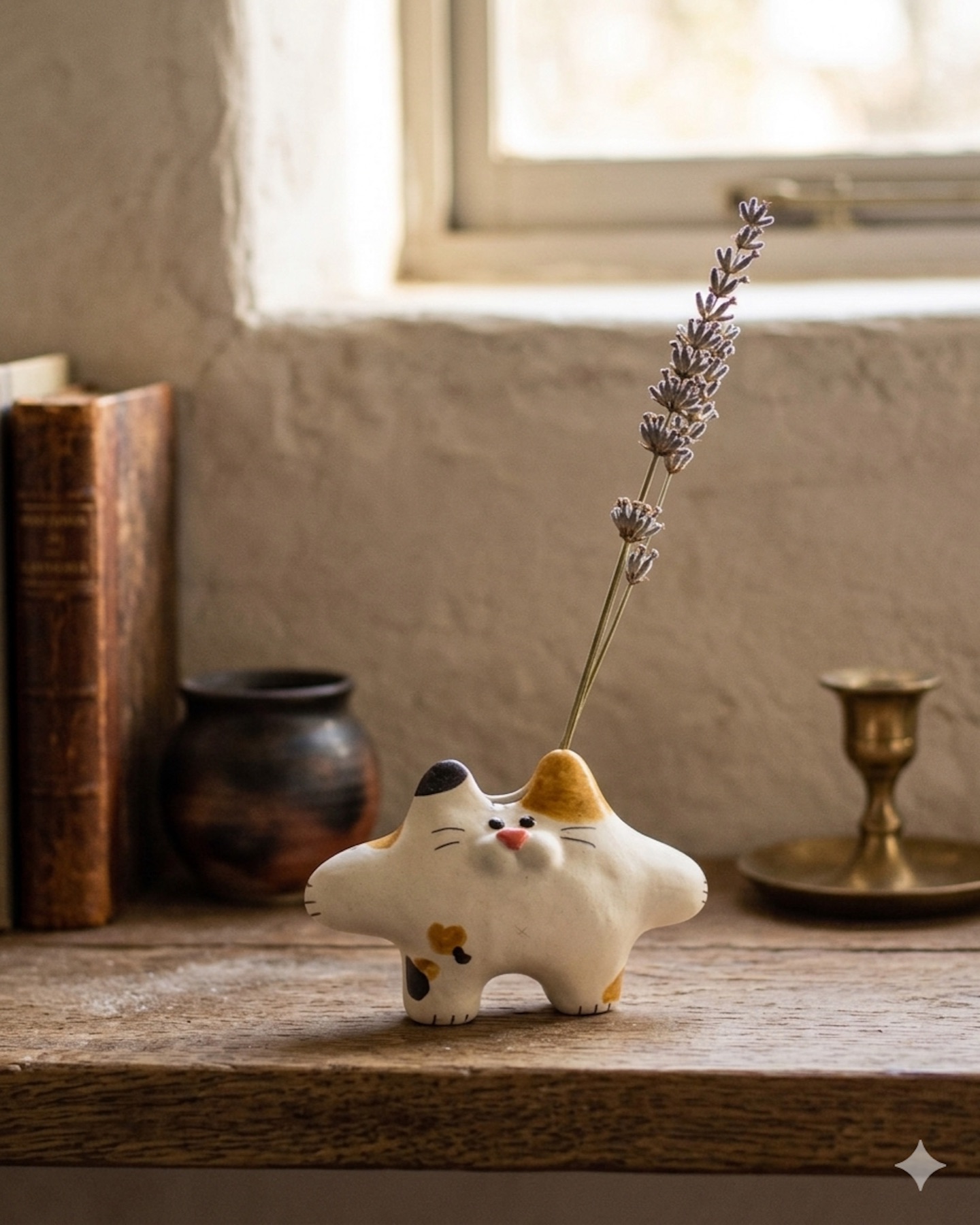 ねこの花器とラベンダー